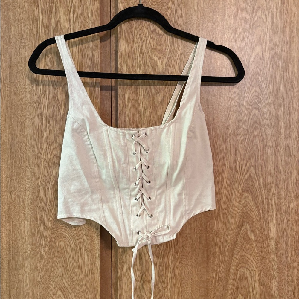 Cream Sleeveless Bustier Corset Top with Tie Front
